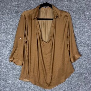 SHIPS Women Brown Deep V-Neck Roll Tab Sleeve Blouse Top Size M